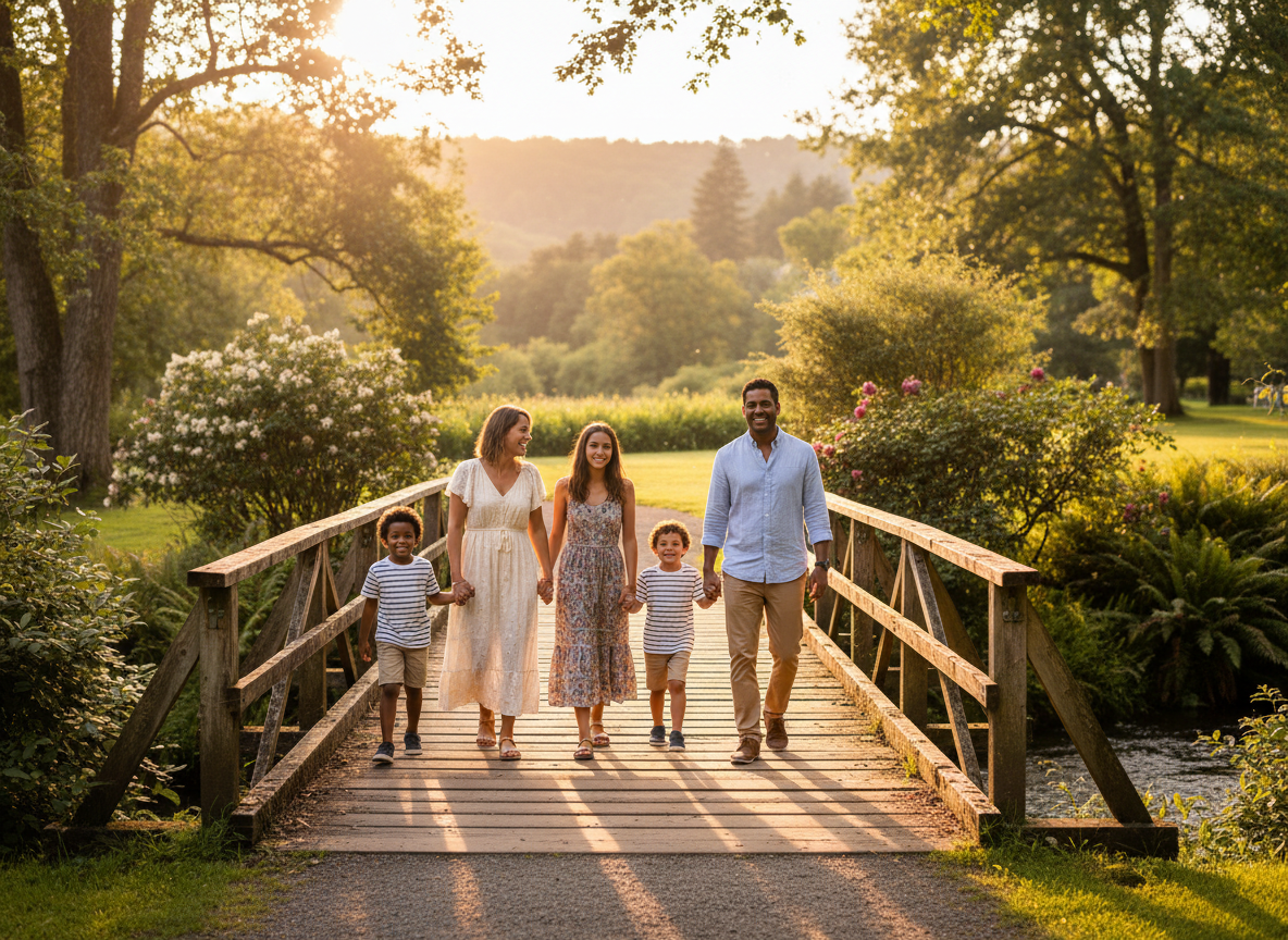 A warm, realistic photographic image of a diverse family holding hands and walking together across a wooden bridge in a lush green park setting. Soft natural lighting, golden hour glow, conveying connection, trust, and togetherness. Professional photography style, not illustrated or cartoon.